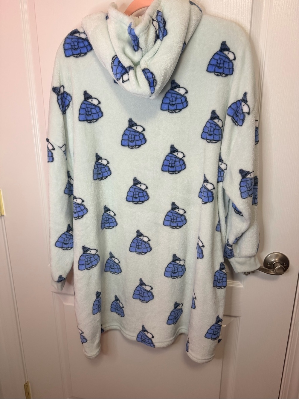 Peanuts Hooded Fleece Nightshirt - Light Aqua with Blue Penguin Print - Picture 4 of 4